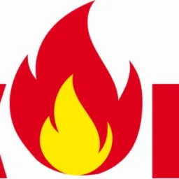 Czerwono-białe logo LUK FIRE z płomieniem w kolorach czerwieni i żółci.