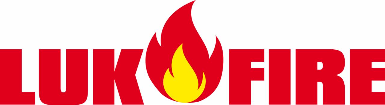 Czerwono-białe logo LUK FIRE z płomieniem w kolorach czerwieni i żółci.