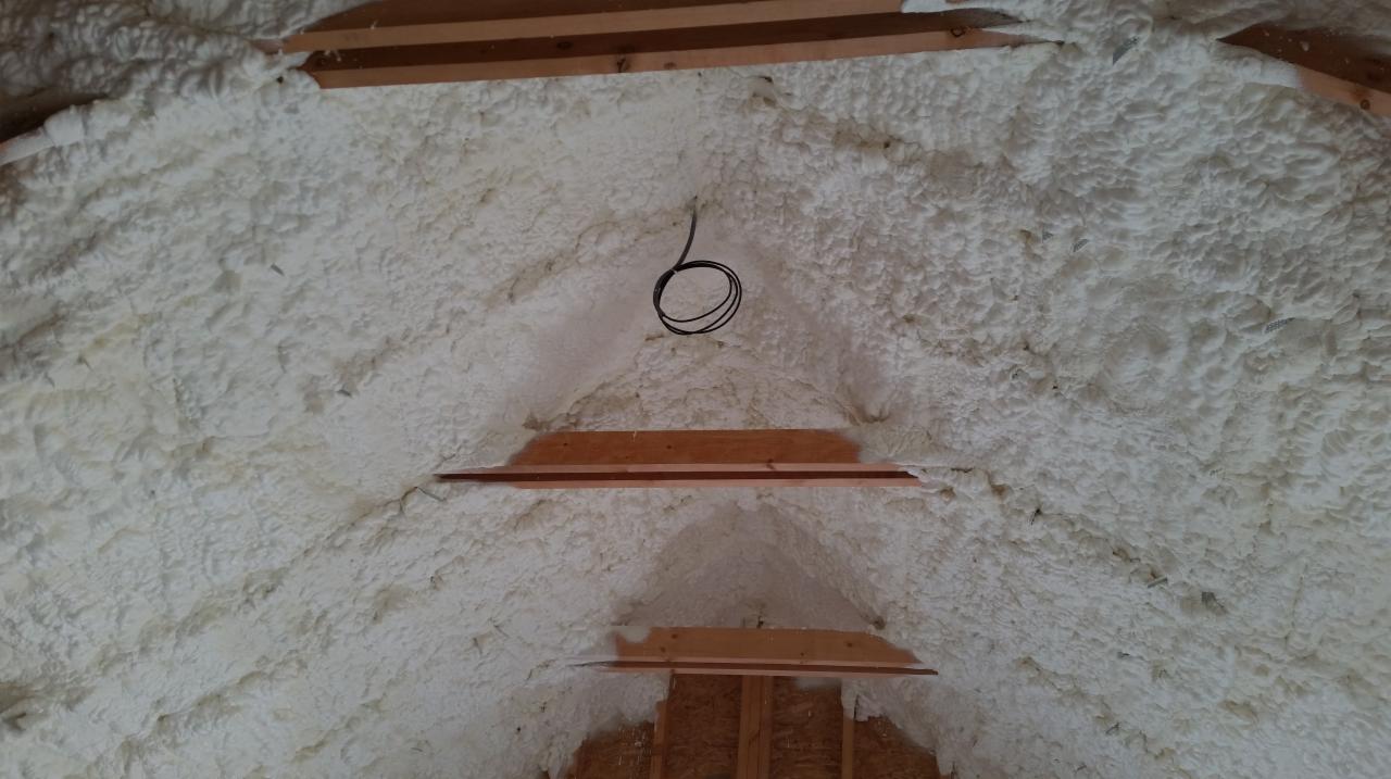 Poddasze po ociepleniu pianką PUR, widoczne drewniane elementy konstrukcji i zwisający przewód elektryczny.