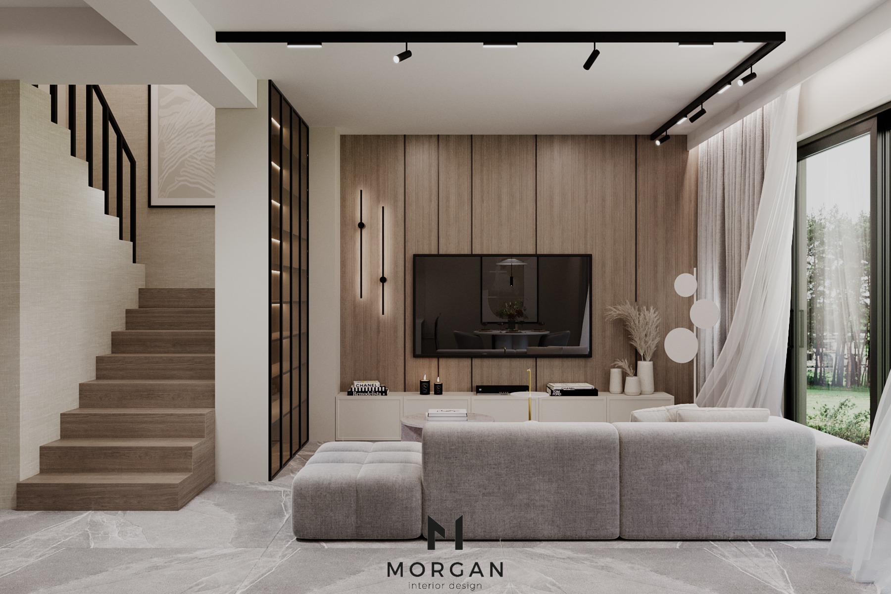 Nowoczesny salon z drewnianą ścianą, szarą sofą modułową, schodami z drewnianymi stopniami i oświetleniem punktowym na suficie.