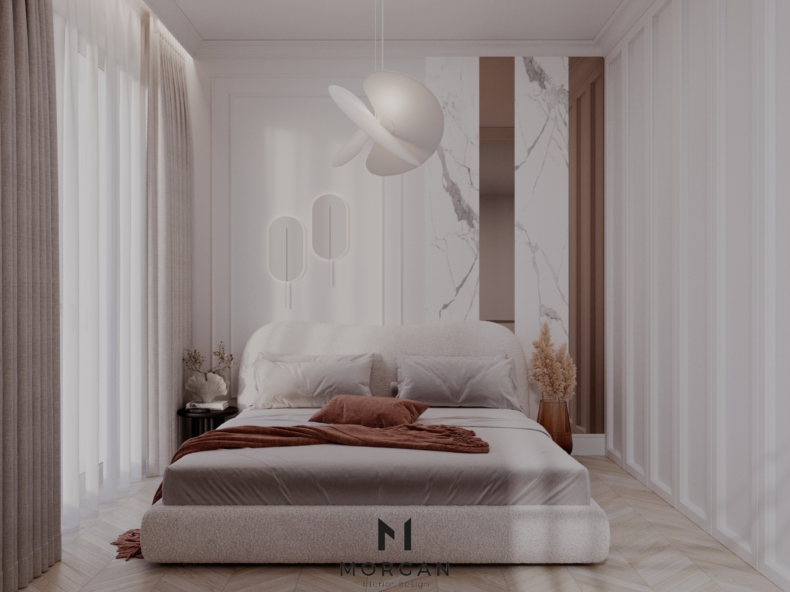 Elegancka sypialnia w odcieniach bieli i beżu z łóżkiem na platformie obitym pluszem, minimalistyczną lampą wiszącą i dekoracyjnymi panelami ściennymi z marmurowym akcentem.