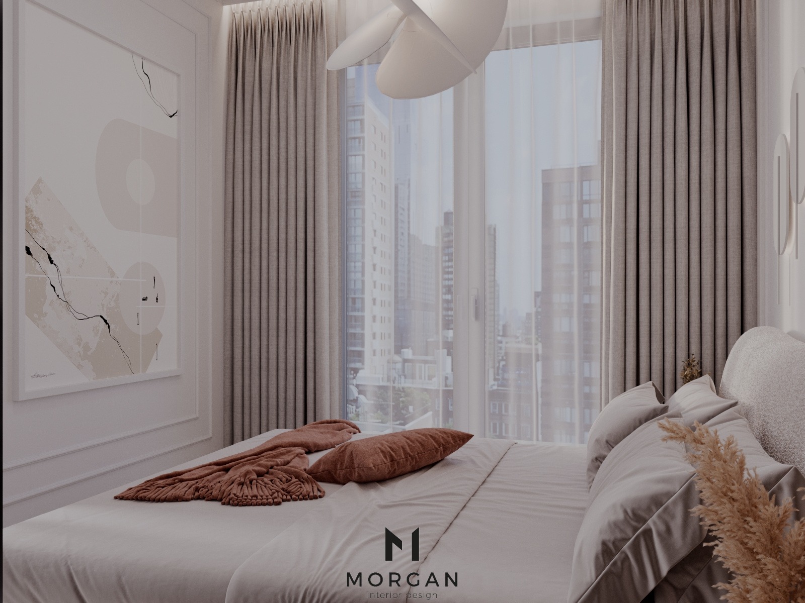 Nowoczesna sypialnia z łóżkiem, abstrakcyjnym obrazem na ścianie i widokiem na miasto za oknem, zasłoniętym częściowo szarymi zasłonami.