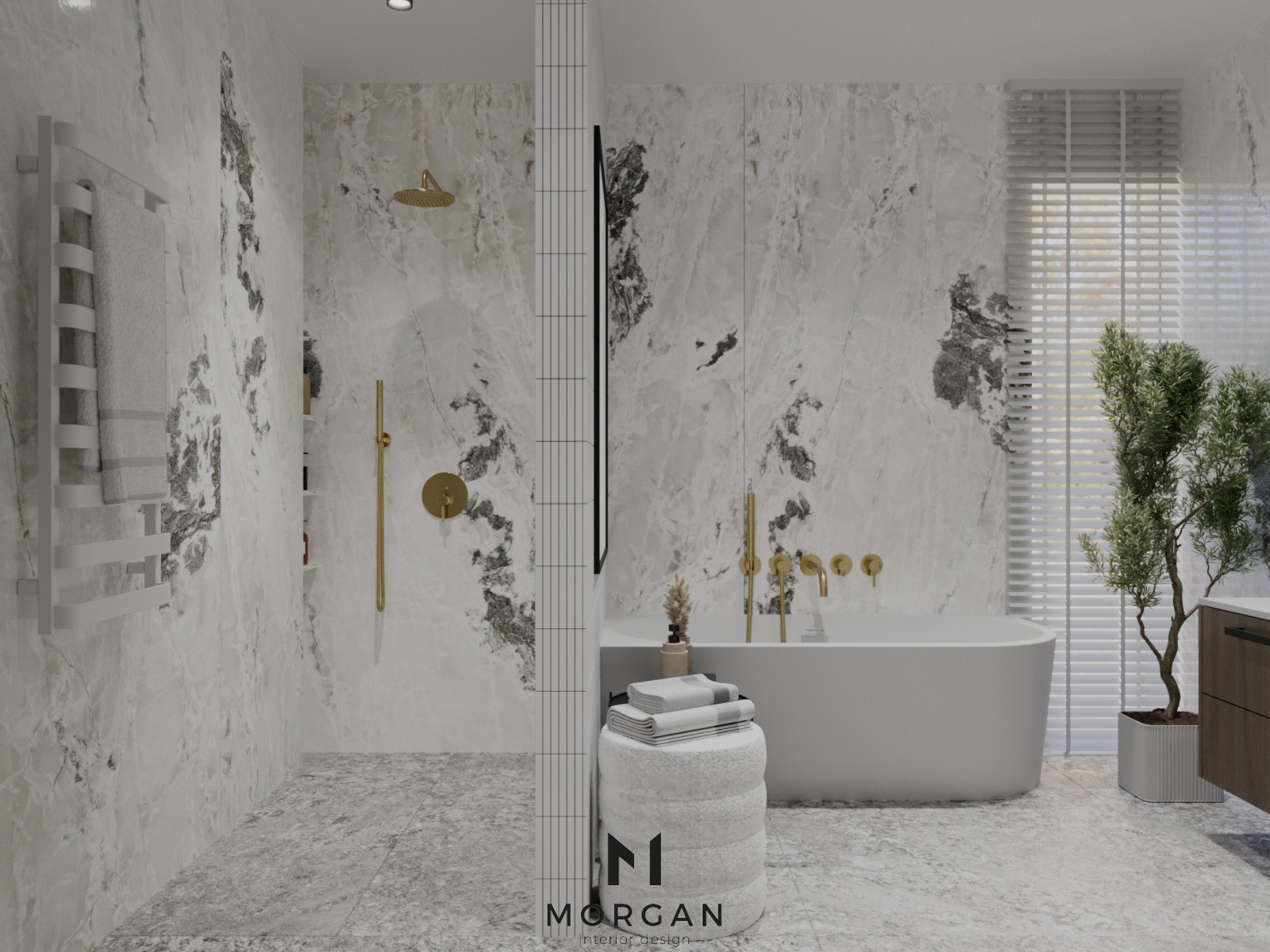 Elegancka łazienka z marmurowymi ścianami, złotą armaturą, białą wanną wolnostojącą i rośliną w doniczce przy oknie z żaluzjami.