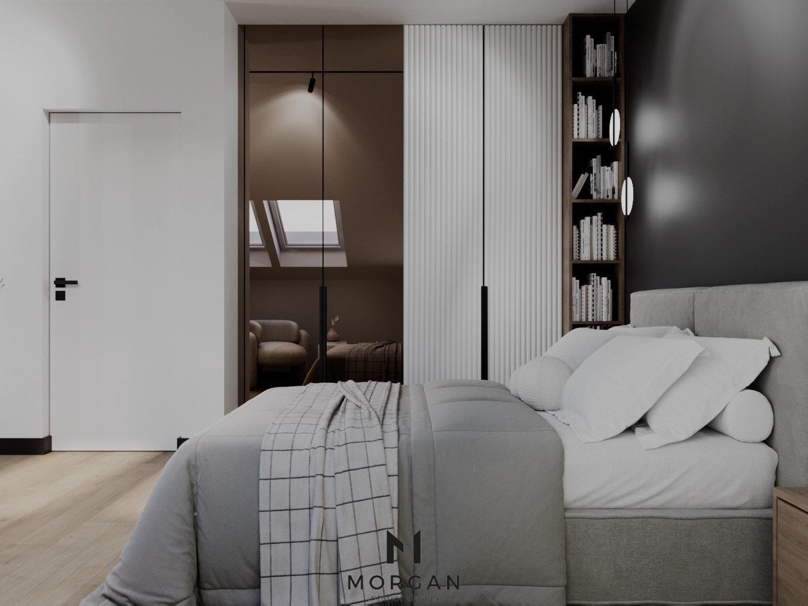 Nowoczesna sypialnia z łóżkiem w odcieniach szarości, szafą z lustrzanymi drzwiami odbijającymi widok poddasza i regałem na książki z dekoracyjnymi lampami kulami.