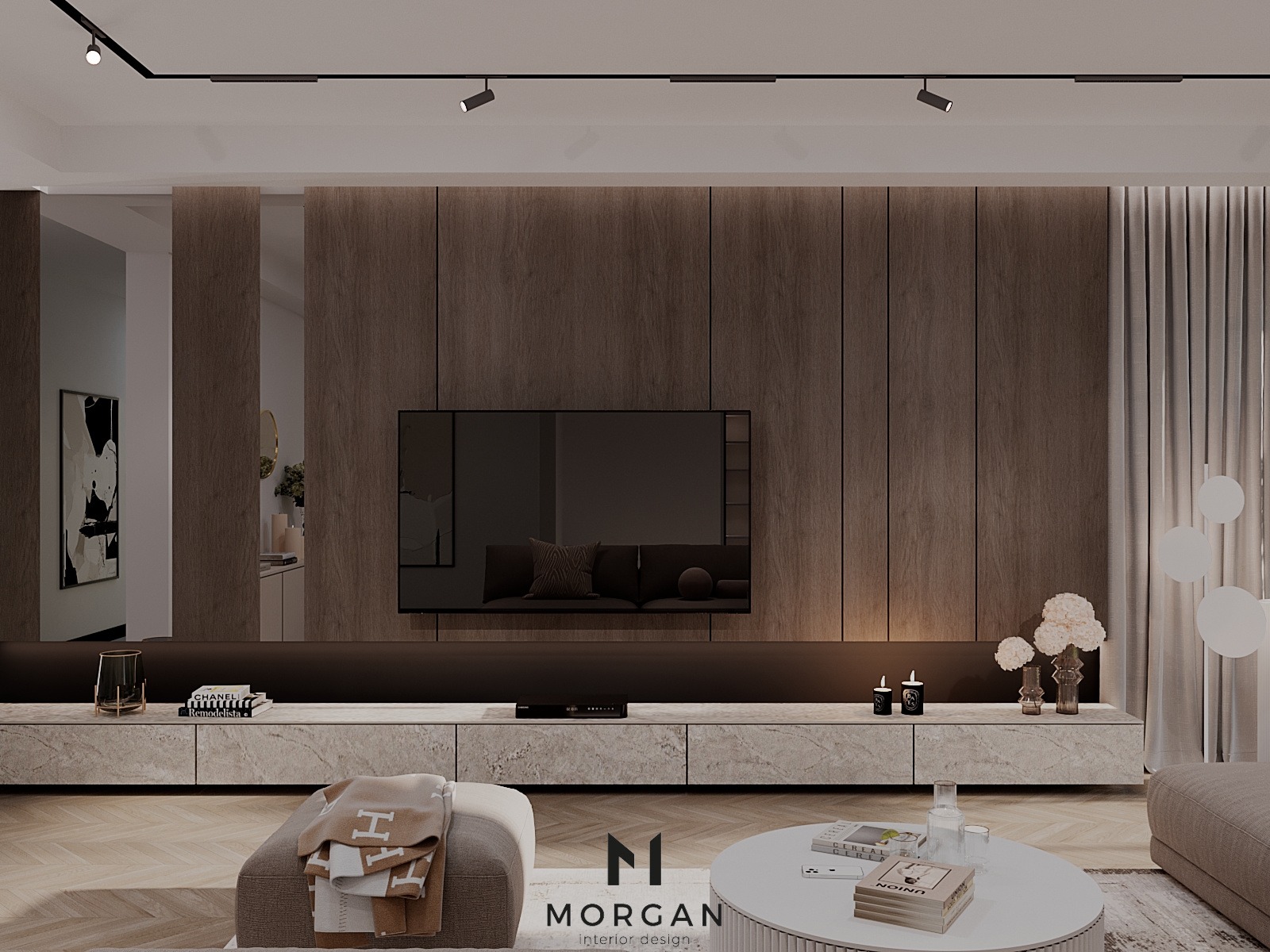 Elegancki salon z drewnianą ścianą, podświetlaną szafką RTV z marmurowym wykończeniem, okrągłym stolikiem kawowym i subtelnym oświetleniem punktowym.