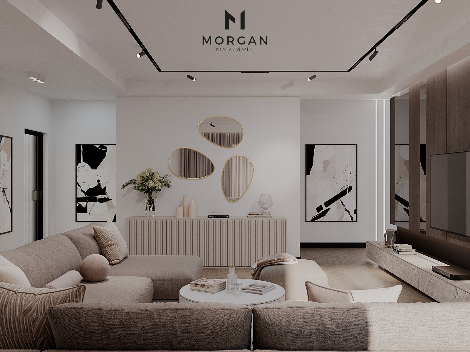 Elegancki salon w Częstochowie: beżowa sofa modułowa, abstrakcyjne obrazy, dekoracyjne lustra, minimalistyczna komoda i oświetlenie punktowe tworzą spójną aranżację.