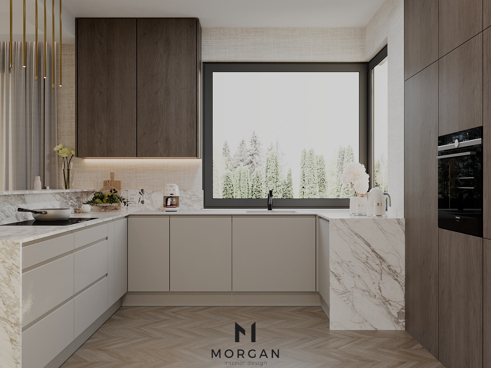 Nowoczesna kuchnia w beżach z marmurowymi akcentami, oświetleniem LED pod szafkami i widokiem na las za oknem, prezentuje minimalistyczny design.