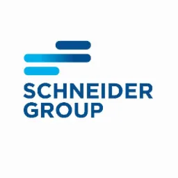 Logo firmy Schneider Group z trzema poziomymi, zaokrąglonymi paskami w odcieniach niebieskiego nad nazwą firmy, na białym tle.