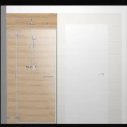 Wizualizacja łazienki z kabiną prysznicową typu walk-in, wykończoną płytkami imitującymi drewno, oraz białą ścianą z drzwiami.