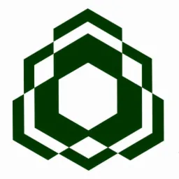 Abstrakcyjny, geometryczny logotyp w odcieniach zieleni, składający się z nakładających się sześciokątów i białych przerw.