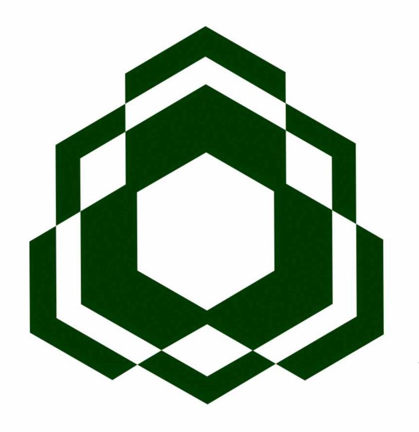 Abstrakcyjny, geometryczny logotyp w odcieniach zieleni, składający się z nakładających się sześciokątów i białych przerw.