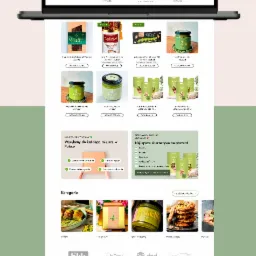 Ekran laptopa wyświetlający stronę internetową sklepu z pistacjami, prezentacja produktów i kategorii, widoczne logo firmy, przyciski nawigacyjne i opcje dostawy.
