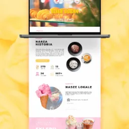 Laptop wyświetlający stronę internetową kawiarni 'Stolica Lodów Pączków' z widocznym menu, historią firmy i ofertą lodów, pączków, kawy oraz lokalizacjami w Warszawie.