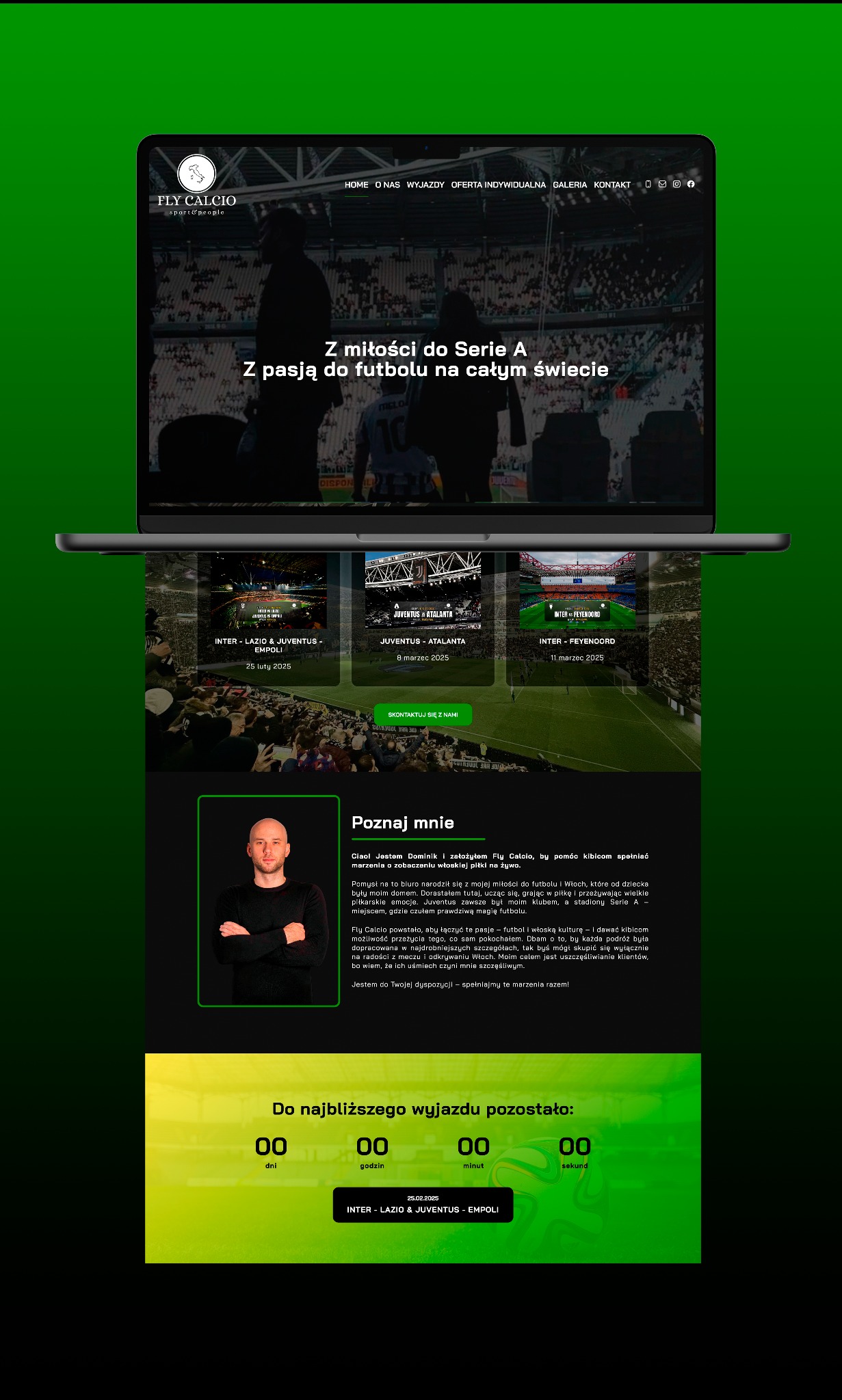Strona internetowa biura podróży Fly Calcio z widokiem na stadion piłkarski, zapowiedzią wyjazdów na mecze Serie A i zdjęciem właściciela.