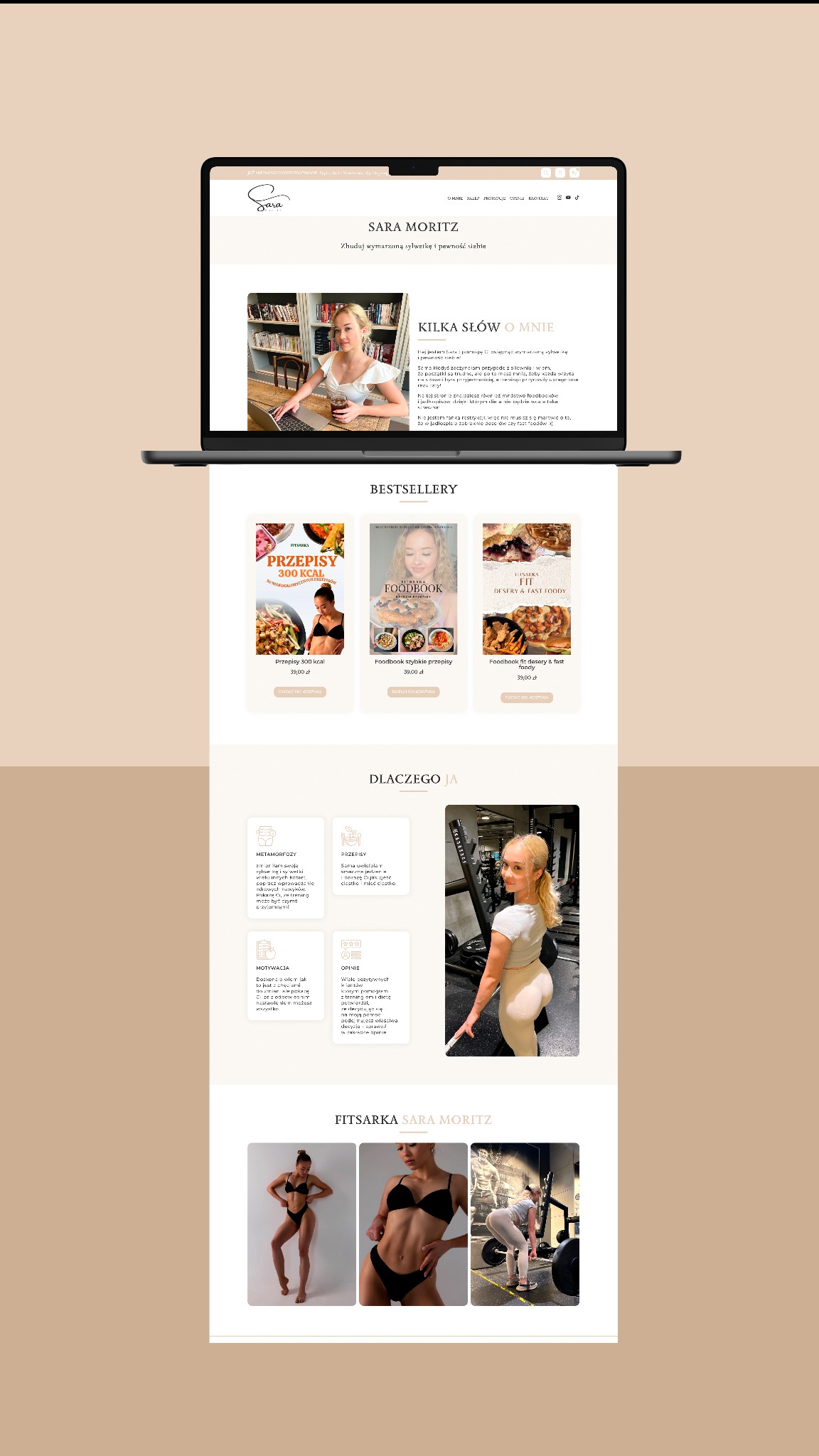 Laptop wyświetlający stronę internetową z wizerunkiem kobiety, sekcja bestsellerów z przepisami i książkami kucharskimi, oraz sekcja 'Dlaczego Ja' z metamorfozami i opiniami.