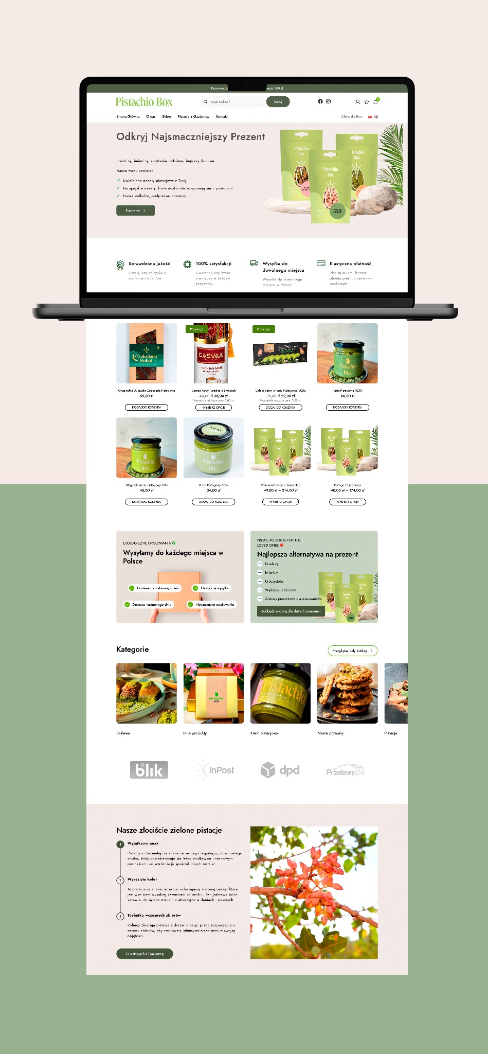 Ekran laptopa wyświetlający stronę internetową sklepu z pistacjami, prezentacja produktów i kategorii, widoczne logo firmy, przyciski nawigacyjne i opcje dostawy.