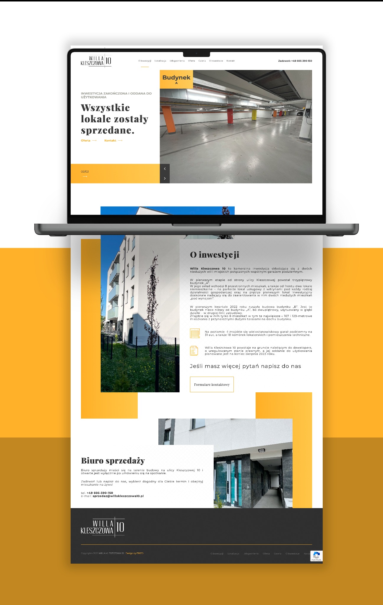 Ekran laptopa wyświetlający stronę internetową z wizualizacją garażu podziemnego budynku 'A' osiedla mieszkaniowego Willa Kleszczowa 10, z informacją o sprzedaży wszystkich lokali.