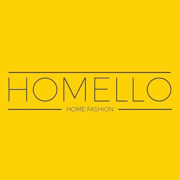 Logo firmy HOMELO, czarne litery na żółtym tle z hasłem HOME FASHION.