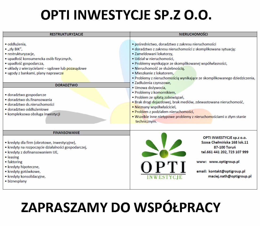Infografika firmy inwestycyjnej Opti Inwestycje prezentująca zakres usług: restrukturyzacje, doradztwo, finansowanie, nieruchomości, z logo firmy i danymi kontaktowymi.