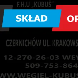 Grafika reklamowa składu opału F.H.U. Kubuś z adresem, numerami telefonów i adresem strony internetowej, zawierająca symbolikę górniczą.
