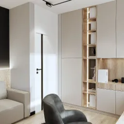 Nowoczesne wnętrze biura domowego z sofą, biurkiem z komputerem i regałem podświetlanym LED, dekorowane obrazem kobiety z skrzydłami.