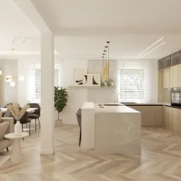 Jasne, przestronne wnętrze mieszkania z otwartą kuchnią, jadalnią i salonem. Parkiet ułożony w jodełkę, beżowa sofa z czarną poduszką, marmurowy blat kuchenny i drewniane szafki kuchenne. Złote...