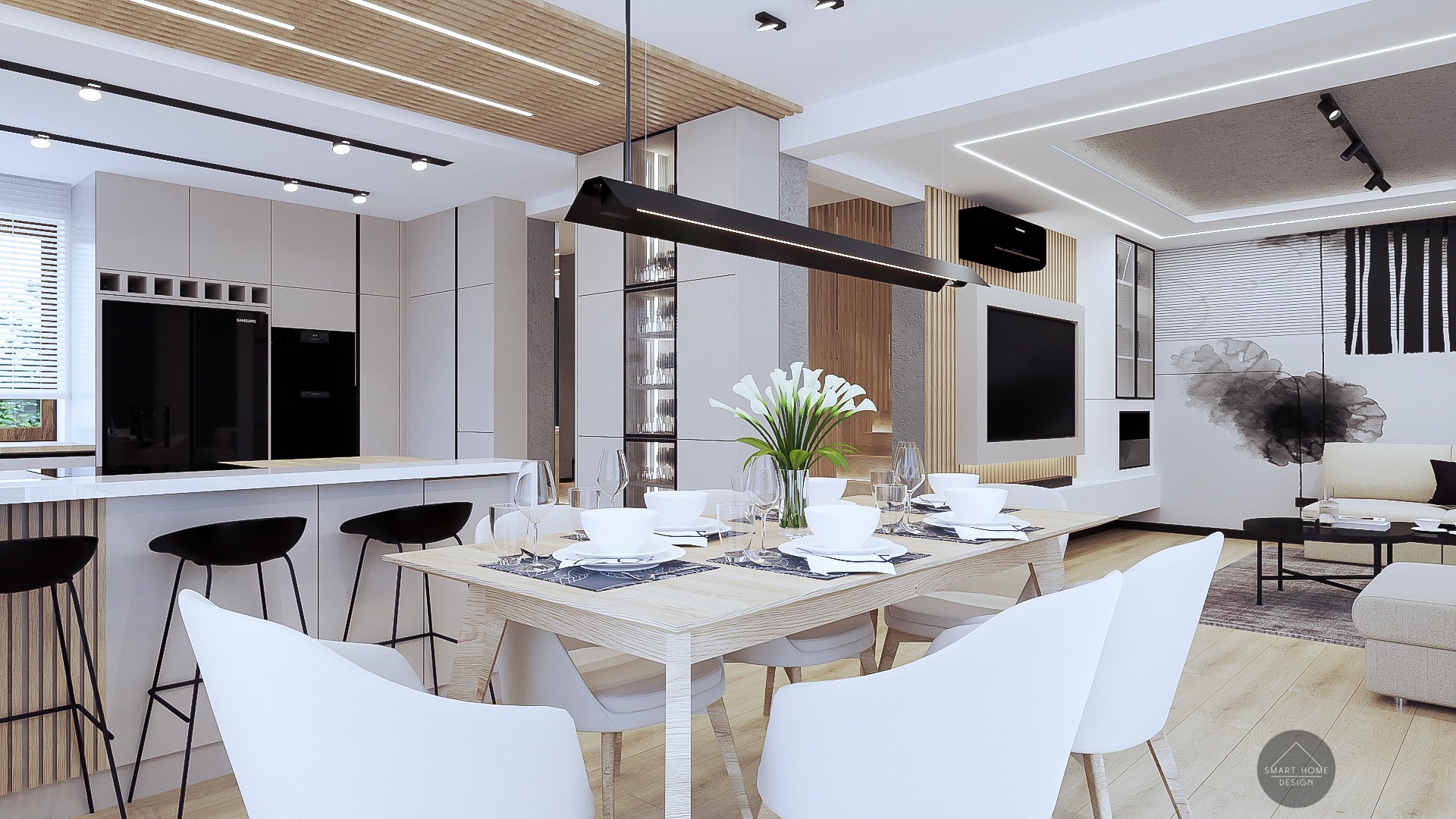 Nowoczesne wnętrze mieszkania z otwartą kuchnią, jadalnią i salonem, z minimalistycznym oświetleniem, drewnianymi akcentami i czarno-białą dekoracją ścienną.