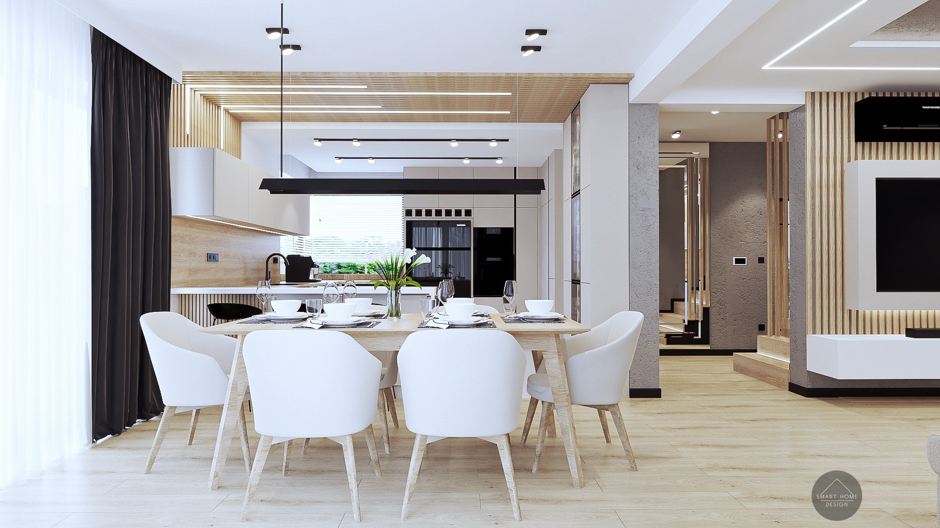 Jasna jadalnia w nowoczesnym stylu z drewnianym stołem, białymi krzesłami i dekoracyjnym oświetleniem sufitowym.