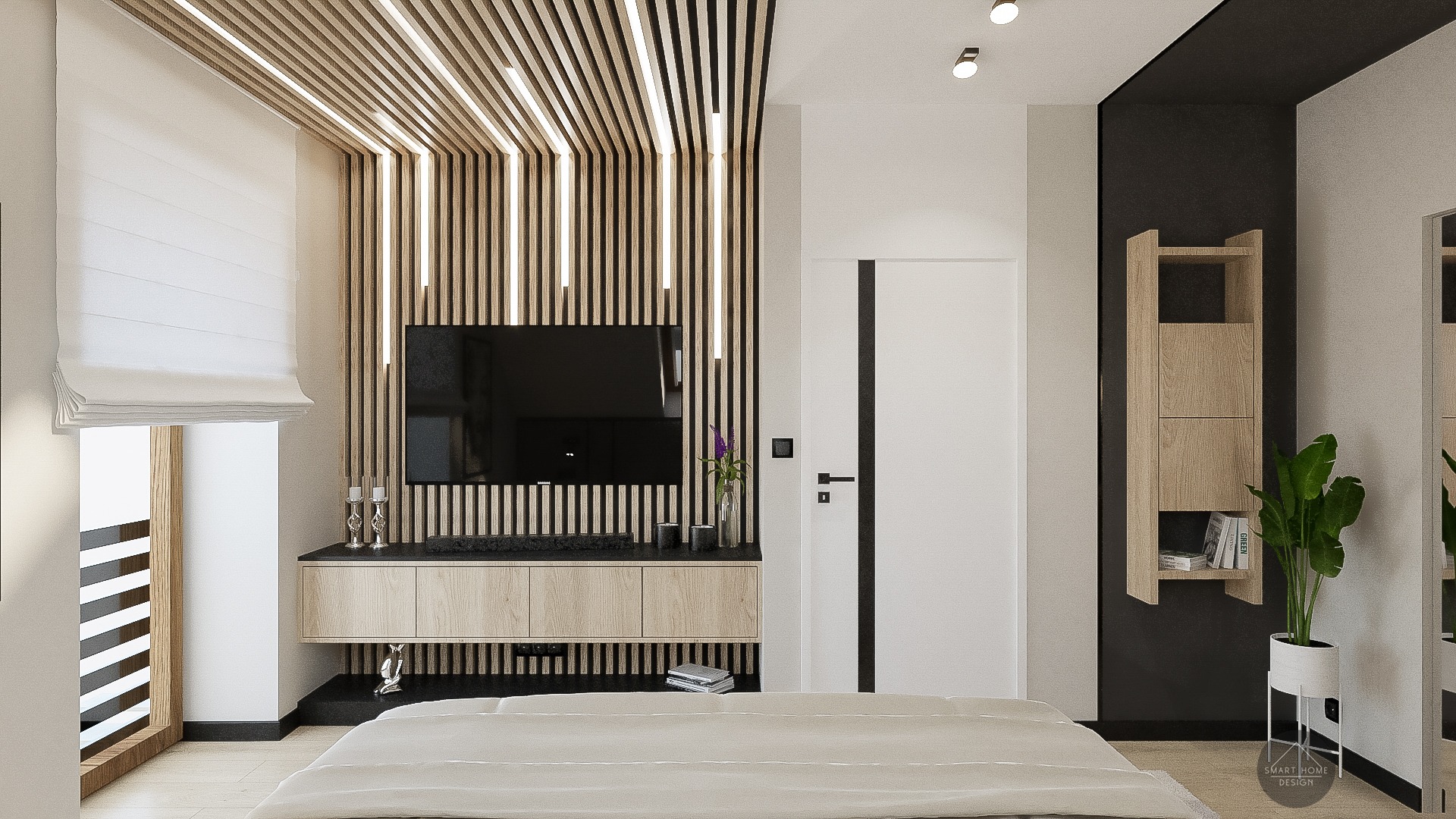 Nowoczesna sypialnia w Rudnej z drewnianymi lamelami na ścianie za telewizorem i podświetlanym sufitem, minimalistyczna szafka RTV i biała pościel na łóżku.