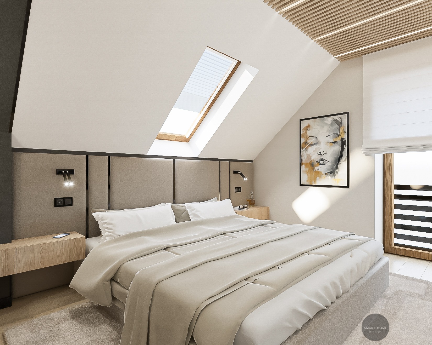 Jasna sypialnia na poddaszu z łóżkiem kontynentalnym, oświetleniem punktowym nad nocnymi szafkami i obrazem kobiety na ścianie.
