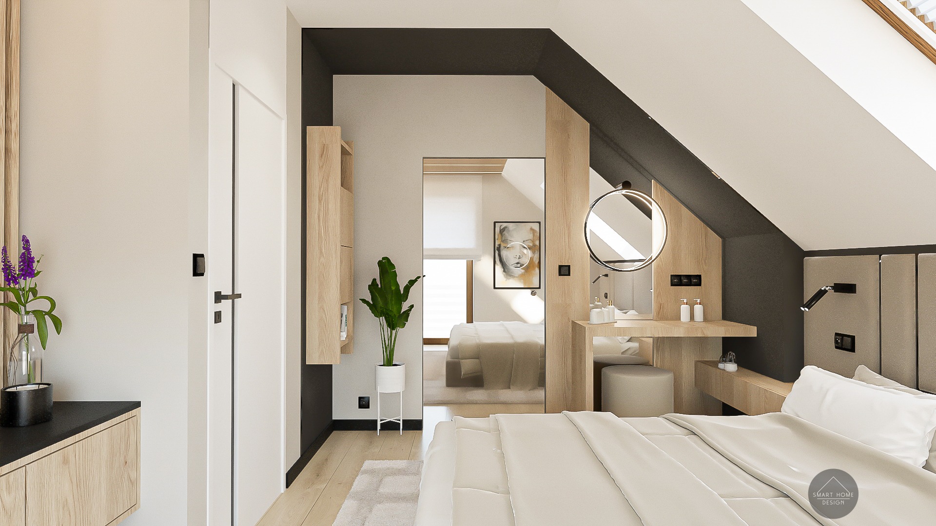 Jasna sypialnia na poddaszu z toaletką i okrągłym lustrem z podświetleniem LED, widok przez lustro na dalszą część pokoju z obrazem na ścianie.