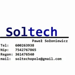 Logo firmy Soltech z adresem email soltechopole@gmail.com, numerem telefonu 600263938, NIP 7542767865 i REGON 361476540