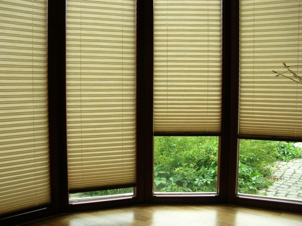 Beżowe, plisowane osłony okienne zamontowane w oknach wykuszowych z widokiem na bujną zieleń ogrodu.