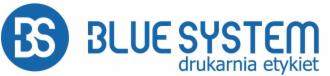 Niebieskie logo firmy Blue System, drukarnia etykiet, z inicjałami BS w okręgu po lewej.