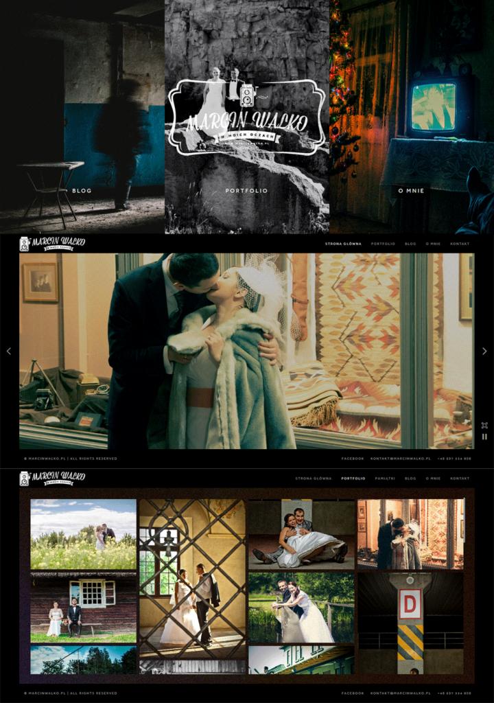 Przegląd strony internetowej fotografa ślubnego z widocznymi sekcjami: blog, portfolio, o mnie oraz galerią zdjęć ślubnych w różnych sceneriach.