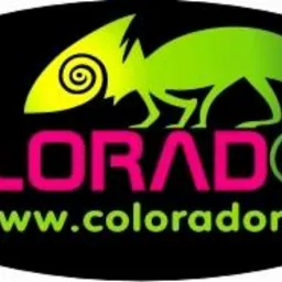 Logo firmy Colorador: stylizowany kameleon w odcieniach zieleni nad różowym napisem 'COLORADOR' i adresem strony www.colorador.pl na czarnym tle.