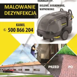 Grafika reklamowa usług mycia elewacji i kostki brukowej z użyciem myjki ciśnieniowej Karcher, prezentująca efekt przed i po czyszczeniu, oraz kontakt telefoniczny.