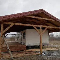 Drewniana wiata z czerwonym dachem nad domkiem holenderskim w Chodczu, widoczne obróbki blacharskie i rynna, elementy konstrukcyjne z surowego drewna.