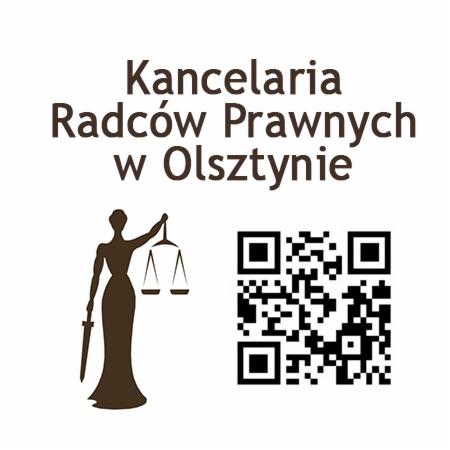 Grafika przedstawia logo Kancelarii Radców Prawnych w Olsztynie, z sylwetką Temidy trzymającej wagę i miecz, obok kod QR.