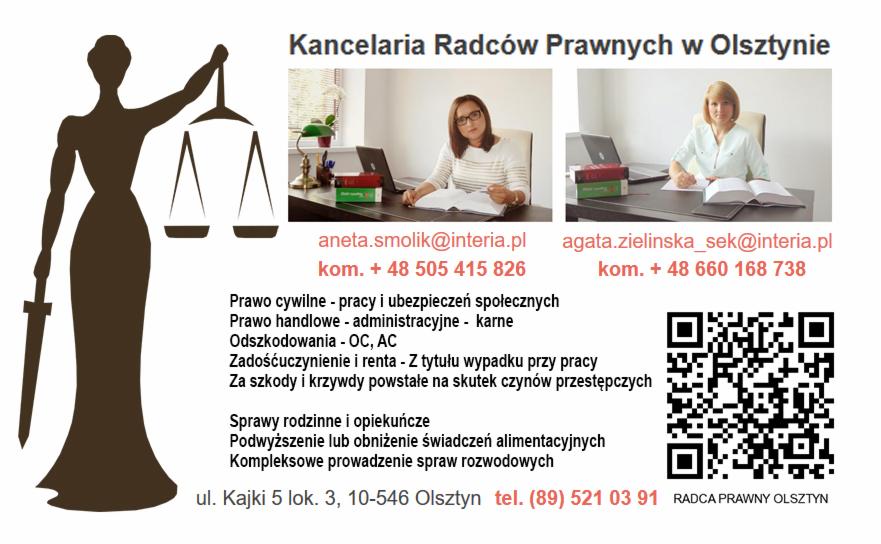Grafika informacyjna Kancelarii Radców Prawnych w Olsztynie, prezentująca sylwetkę Temidy z wagą i mieczem, zdjęcia dwóch radców prawnych przy biurkach z laptopami i książkami, dane kontaktowe...