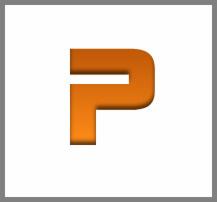 Pomarańczowa litera P z efektem 3D na białym tle, logo firmy.