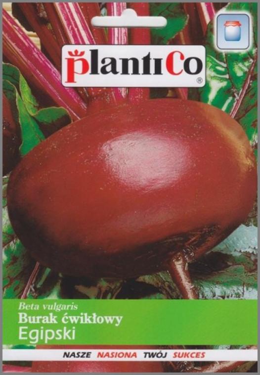 Opakowanie nasion buraka ćwikłowego 'Egipski' firmy Plantico, z widocznym korzeniem i liśćmi buraka.