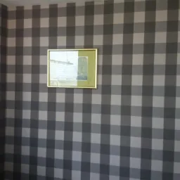 Ściana pokryta tapetą w dużą szaro-białą kratę, z obrazkiem w złotej ramie i fragmentem szklanych drzwi.