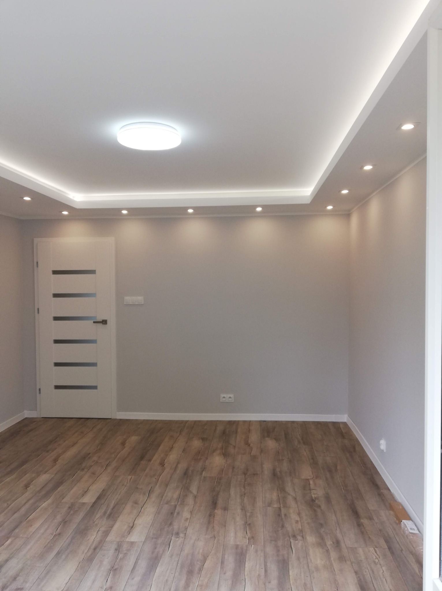 Pusty pokój po remoncie z panelami podłogowymi imitującymi drewno, szarą ścianą, białymi drzwiami z przeszkleniami, oświetleniem sufitowym punktowym i centralnym.