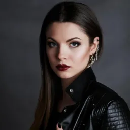 Portret kobiety z ciemnym, intensywnym make-upem oczu i ust, w skórzanej kurtce i z metaliczną ozdobą ucha na tle szarego studia.