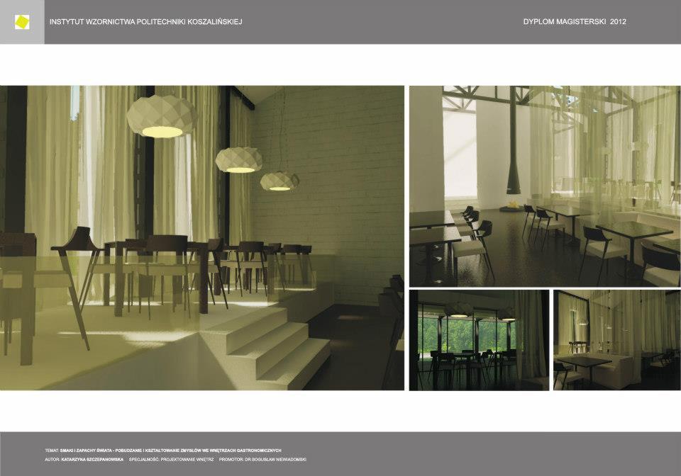 Plansza dyplomowa z wizualizacjami wnętrza restauracji: widok sali z geometrycznymi lampami, stolikami i krzesłami na podwyższeniu, kominek pod sufitem, widok z zewnątrz na zieleń.