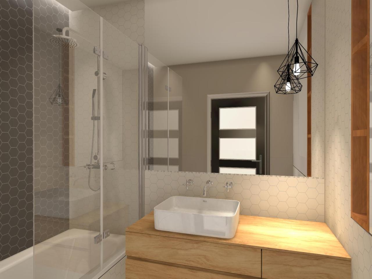 Wizualizacja łazienki z kabiną prysznicową, umywalką nablatową na drewnianej szafce i heksagonalnymi płytkami na ścianach oraz geometrycznymi lampami wiszącymi.