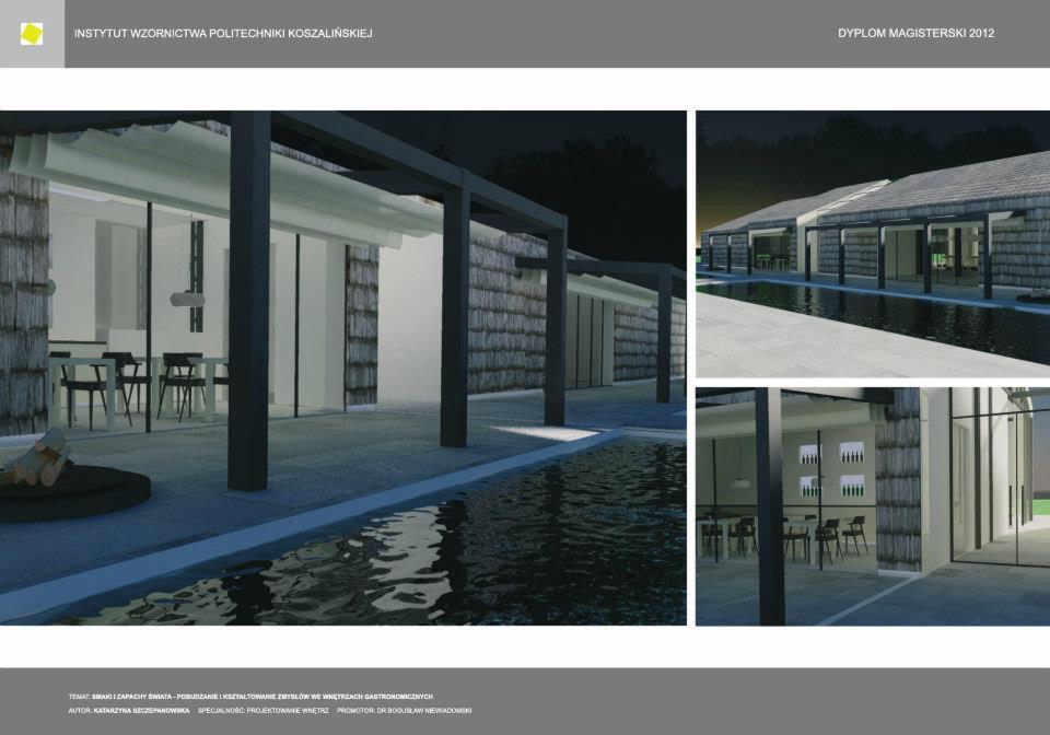 Wizualizacja architektoniczna budynku z zewnętrznym basenem, widok z różnych perspektyw, prezentowana jako część dyplomu magisterskiego z 2012 roku.