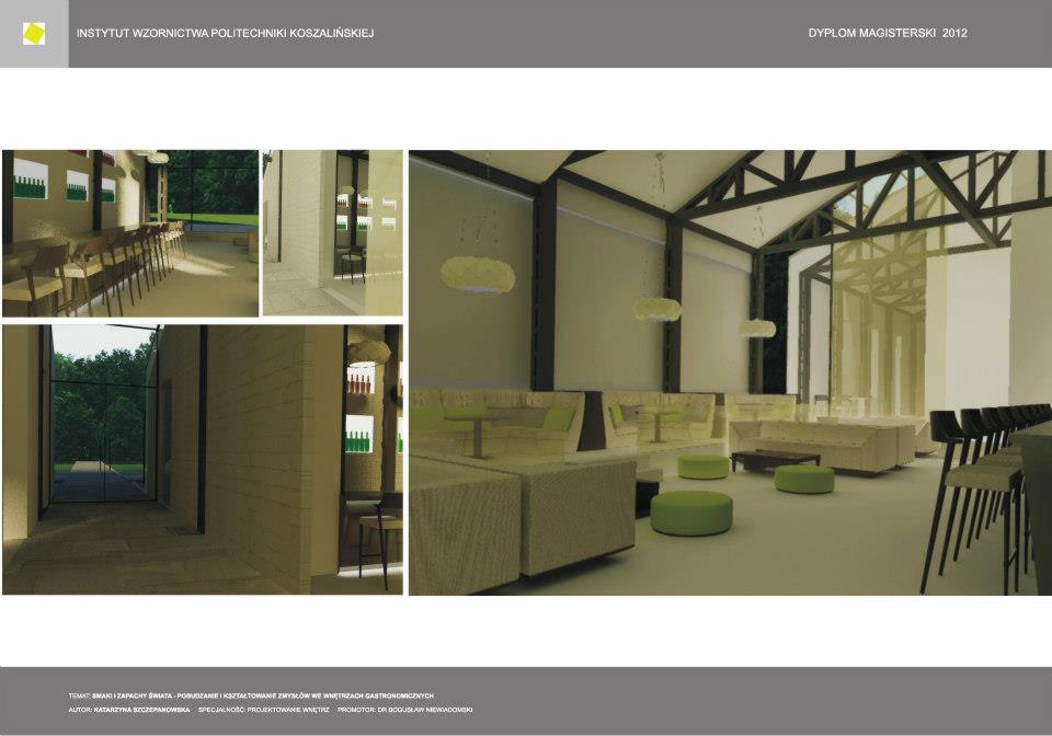 Wizualizacja projektu wnętrza gastronomicznego z 2012 roku, prezentująca przestrzeń z elementami baru, stolików i miejsc siedzących, wykonana przez Instytut Wzornictwa Politechniki Koszalińskiej.