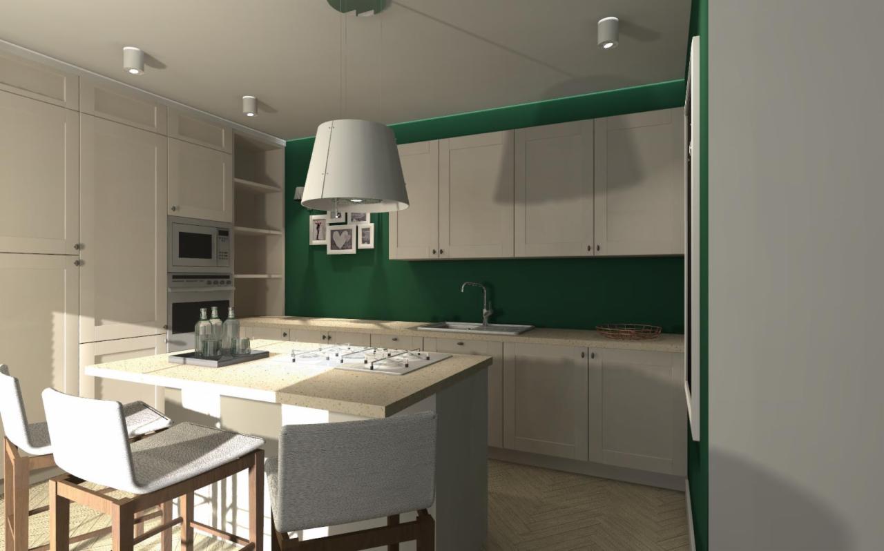 Wizualizacja kuchni z wyspą, białymi meblami i ciemnozieloną ścianą. Nad wyspą wisi duża, biała lampa w kształcie stożka. Na wyspie płyta gazowa i dekoracyjne butelki. Dwa białe krzesła barowe przy...